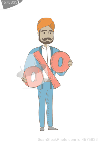 Image of Smiling hindu businessman holding percent sign.