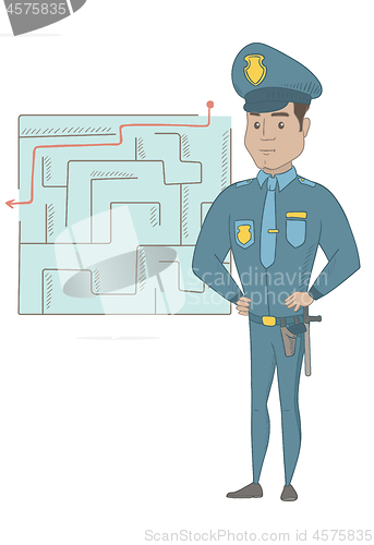 Image of Policeman looking at labyrinth with solution.