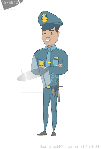 Image of Hispanic policeman standing with folded arms.