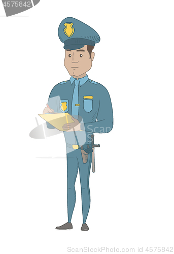 Image of Young hispanic traffic policeman writing fine bill