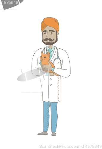 Image of Young indian veterinarian with cat in hands.