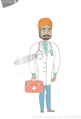 Image of Young indian doctor holding first aid box.