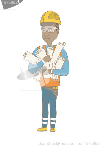 Image of Young african engineer holding twisted blueprints.