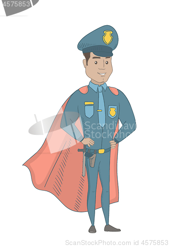 Image of Hispanic policeman wearing a red superhero cloak.