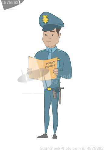 Image of Hispanic police officer holding a police report.