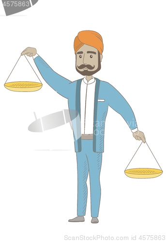 Image of Hindu businessman holding balance scale.