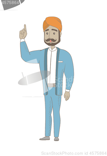 Image of Businessman with open mouth pointing finger up.