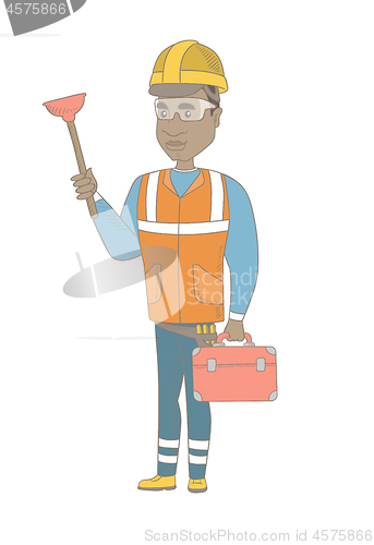 Image of African plumber holding plunger and tool box.