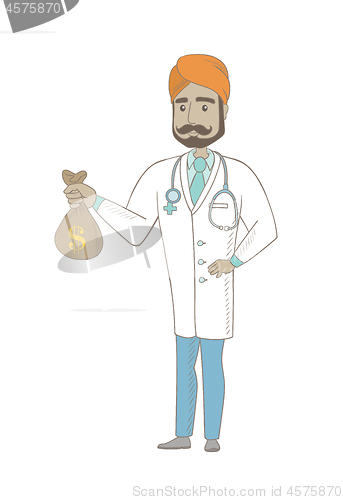 Image of Young indian doctor holding a money bag.