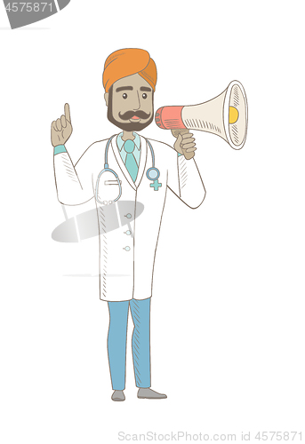 Image of Young indian doctor talking into loudspeaker.