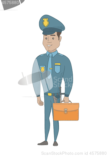 Image of Young hispanic policeman holding a briefcase.