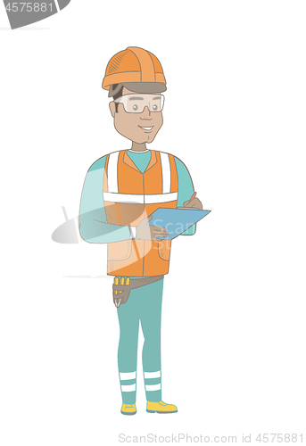 Image of Young hispanic building inspector with clipboard.