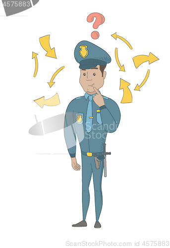 Image of Young hispanic policeman with question mark.