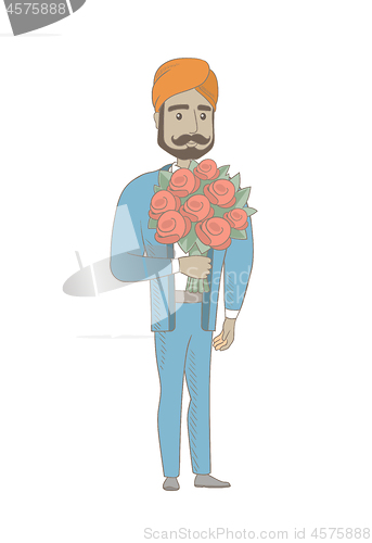 Image of Hindu businessman holding bouquet of flowers.