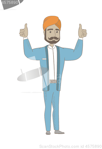 Image of Hindu businessman standing with raised arms up