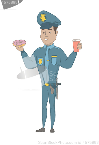 Image of Policeman eating doughnut and drinking coffee.