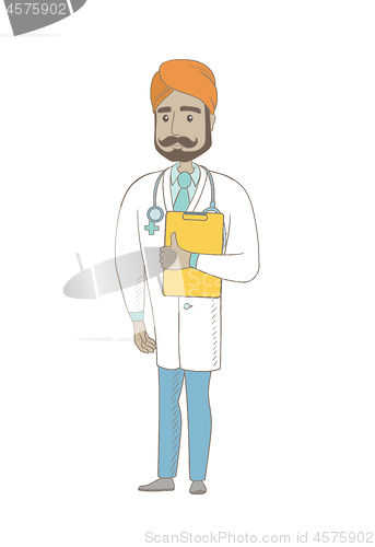 Image of Indian doctor holding clipboard with papers.