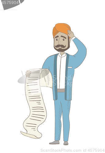 Image of Hindu accountant holding a long bill.