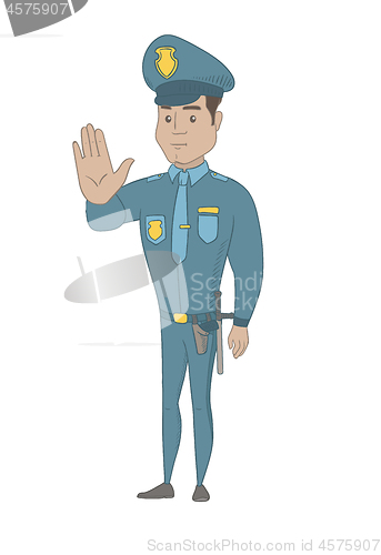 Image of Hispanic policeman showing stop hand gesture.