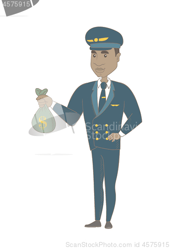 Image of Young african-american pilot holding a money bag.