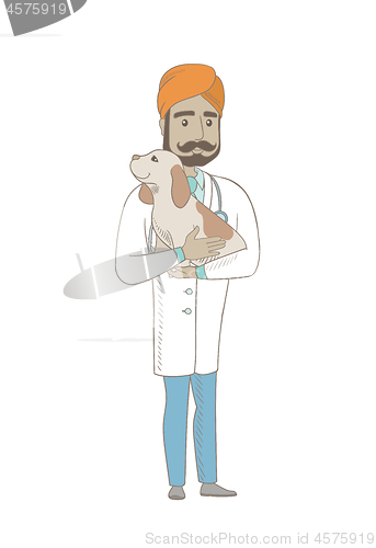 Image of Young indian veterinarian with dog in hands.