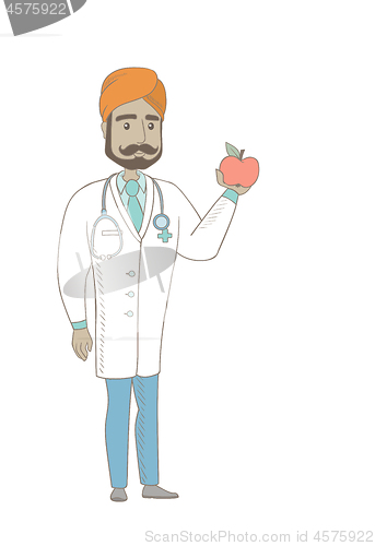 Image of Indian nutritionist offering fresh red apple.