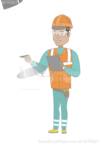 Image of Hispanic electrician with electrical equipment.