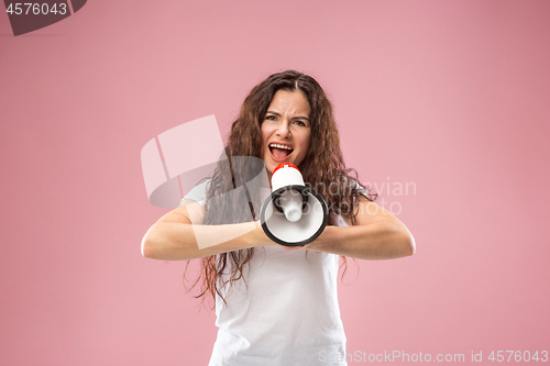 Image of Woman making announcement with megaphone