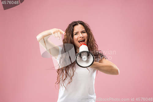 Image of Woman making announcement with megaphone