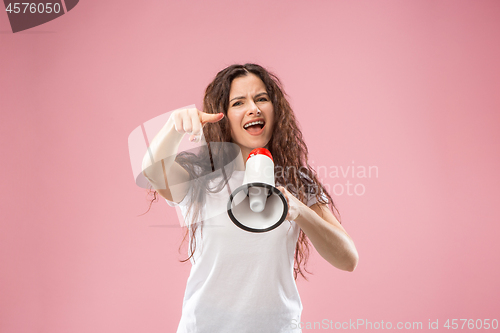 Image of Woman making announcement with megaphone