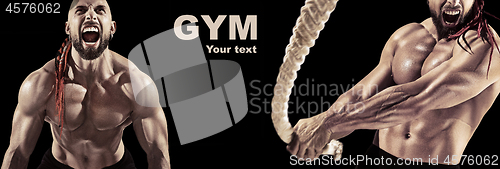 Image of Man doing weight lifting in gym on black background.