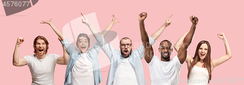 Image of Collage of winning success happy men and women celebrating being a winner.