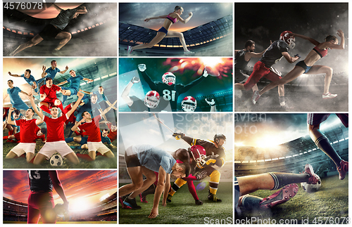 Image of Multi sports collage about basketball, American football players and fit running woman