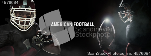 Image of Sport concept. American football sportsman player on black background with copy space. Sport concept.