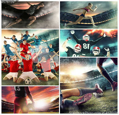 Image of Multi sports collage about basketball, American football players and fit running woman
