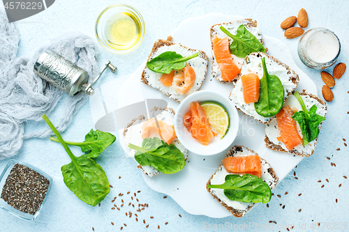 Image of bread with cheese and salmon