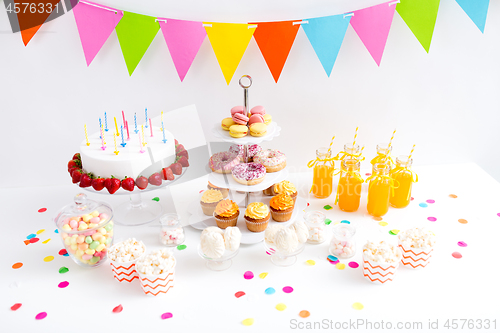 Image of food and drinks on table at birthday party