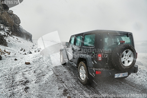 Image of Jeep Wrangler on Icelandic terrain with snow