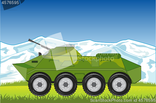 Image of Military transport with weapon on background of the nature