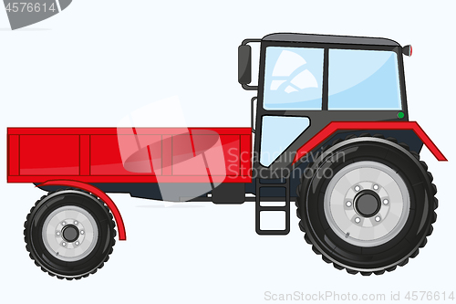 Image of Red tractor on wheel with basket frontal