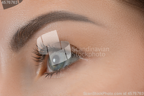 Image of The close up eyes on face of young beautiful caucasian girl