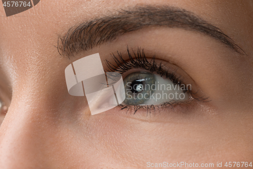 Image of The close up eyes on face of young beautiful caucasian girl