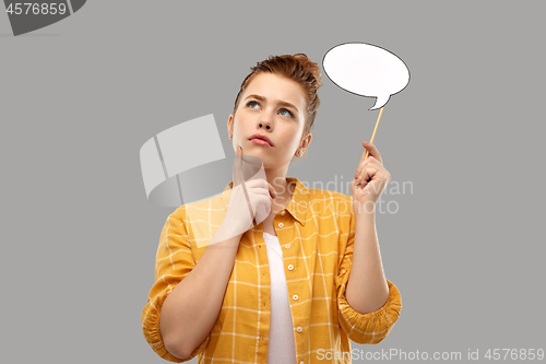 Image of red haired teenage girl with text bubble thinking