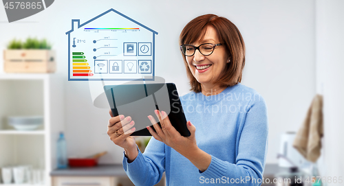 Image of senior woman with tablet pc using smart home app