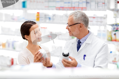 Image of apothecary and woman with drug at pharmacy