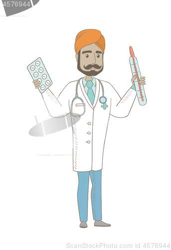 Image of Otolaryngologist holding thermometer and pills.