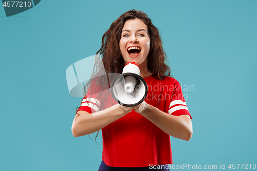 Image of Woman making announcement with megaphone