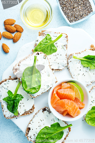 Image of bread with cheese and salmon