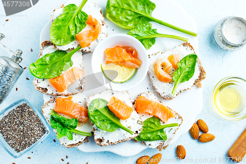 Image of bread with cheese and salmon