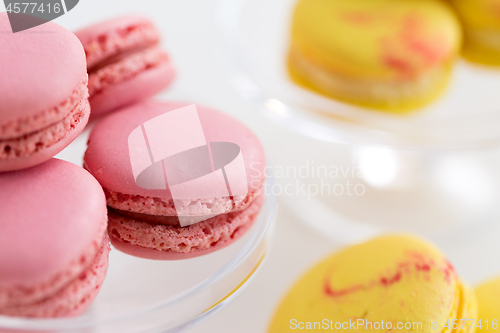 Image of close up of pink and yellow macarons